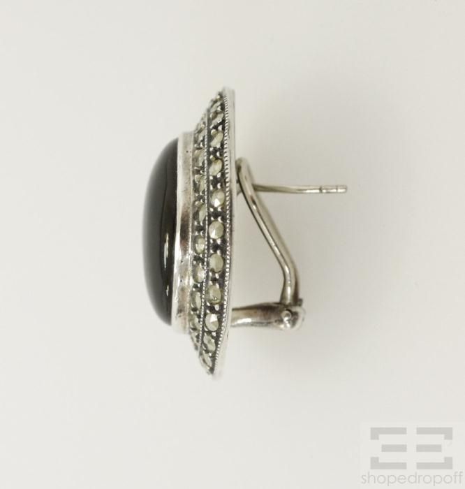 Judith Jack Sterling Silver Marcasite Black Onyx Oval Clasp Earrings