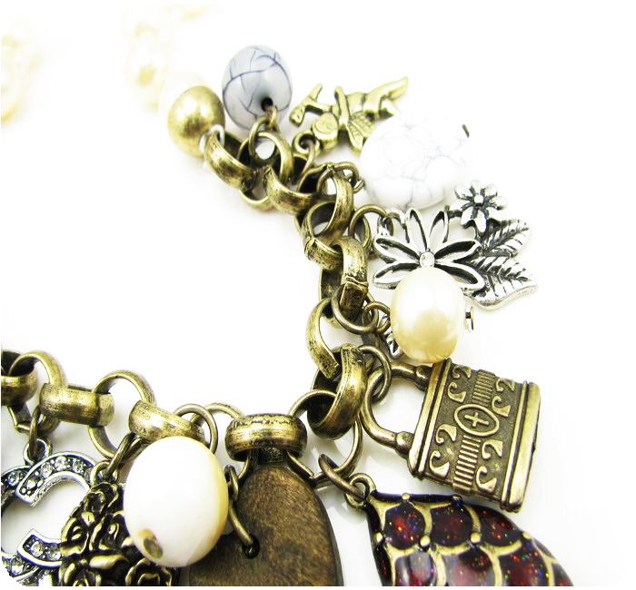 Bronze Heart Drop Pearl Lock Key Pendants Beaded Short Necklace
