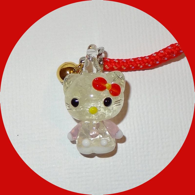 Glow in The Dark Glass Pink Hello Kitty Red Cell Phone Charm w Strap