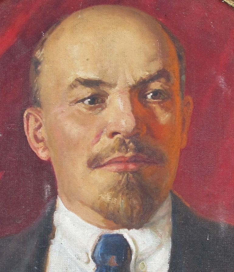 Oil Painting Lenin Portrait Old Round Frame Russian 1950 Communist