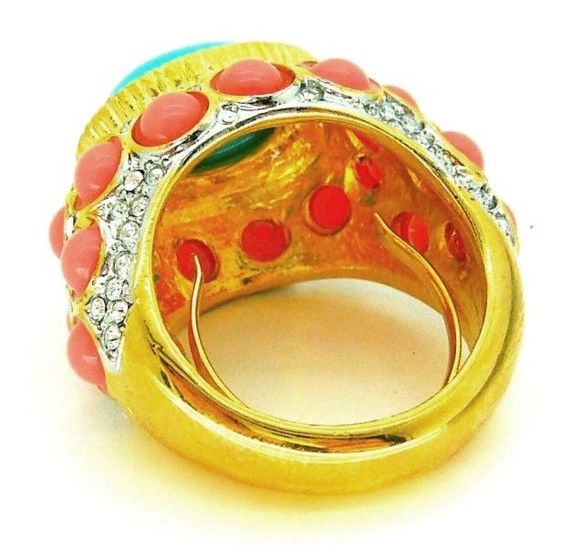 Kenneth Jay Lane KJL Coral Turquoise Cab Classic Ring