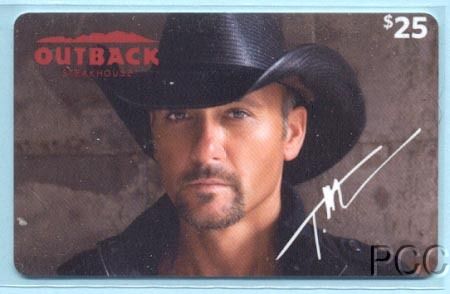 Outback Steakhouse Tim McGraw 2012 Gift Card $0