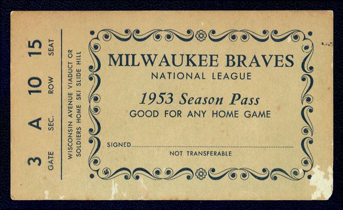 1953 Milwaukee Braves Gold Season Pass First Year