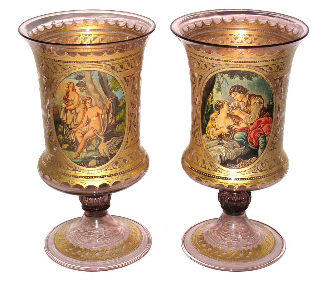 Pair Antique Venetian Classical Parcel Gilt Glass Vases