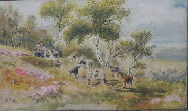 ALOIS TOTT AQUARELL ZIEGEN  SCHAFHERDE IN LANDSCHAFT