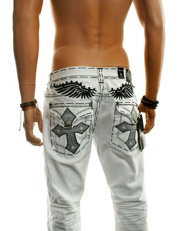 MENS STUDDED WHITE PREMIUM WASH STITCHED WASHED SLIM STRAIGHT JEANS $