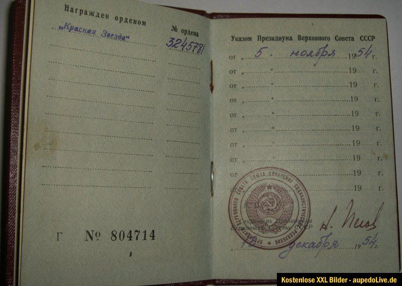 RAR++ UdSSR Orden des Roten Sterns, Verl. Nr. 3245781 mit Ordensbuch